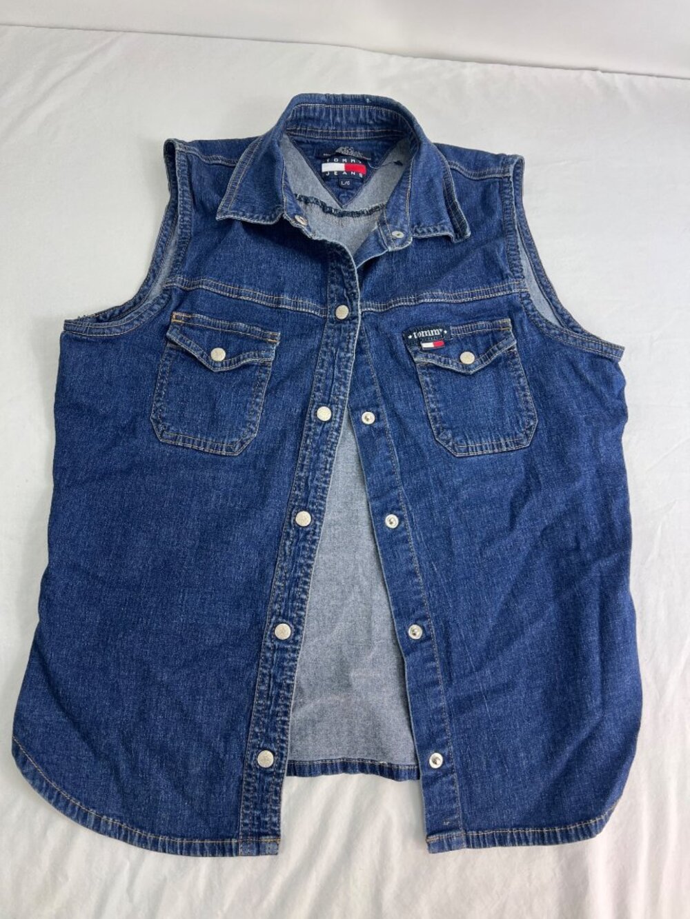 VTG Tommy Jeans Mens Sleeveless Button-Up Denim Vest Blue L/G Casual Retro Style